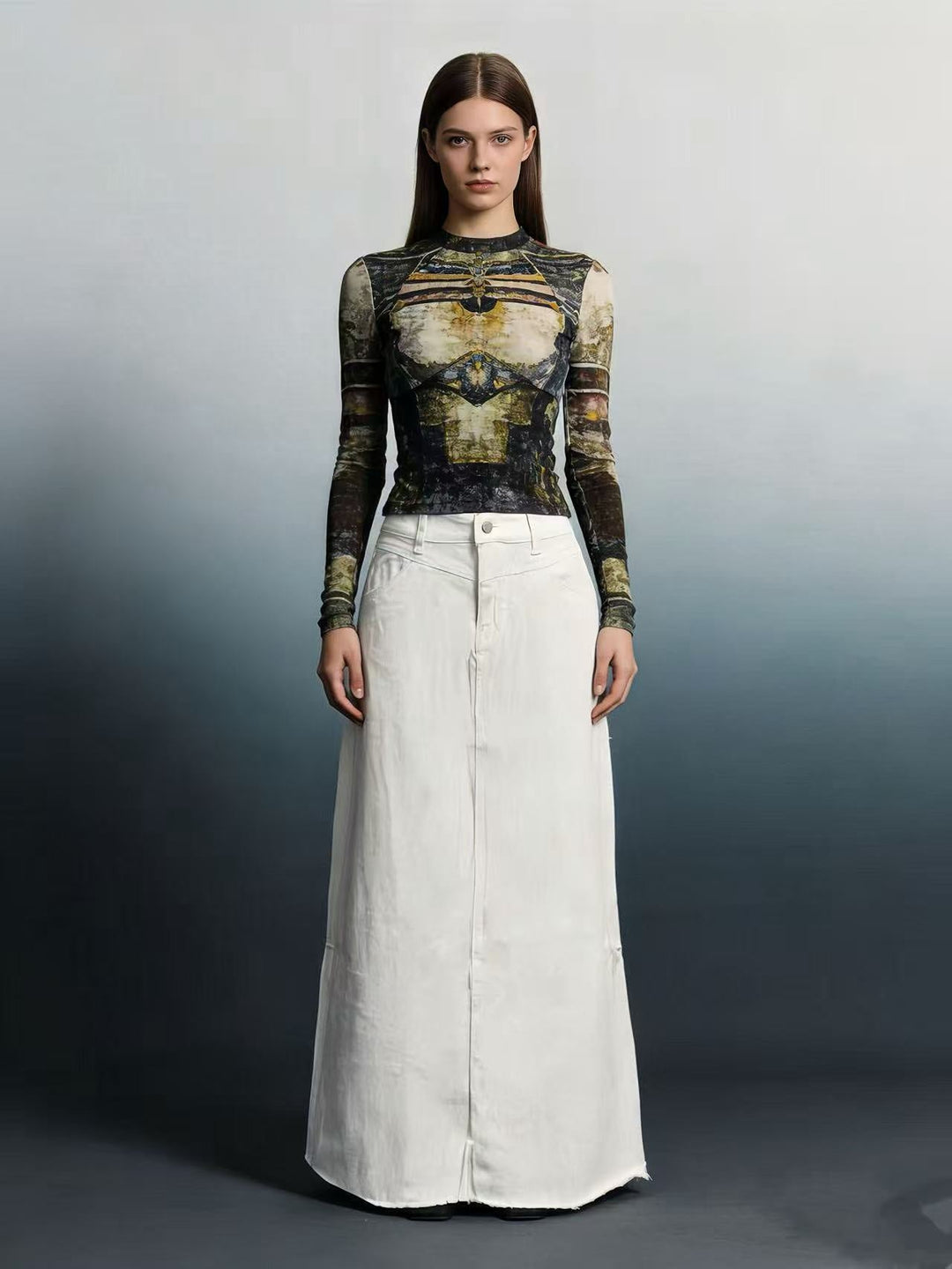Damen Maxi-Denim-Rock mit hohem Bund und fransigem Saum