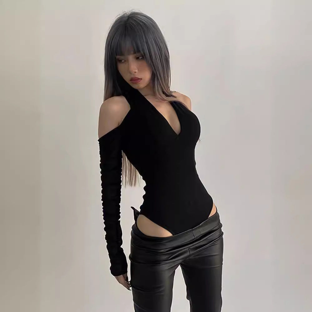 Damen Körperbetonter Langarm-Bodysuit mit tiefem V-Ausschnitt und raffinierten Rüschendetails Drune