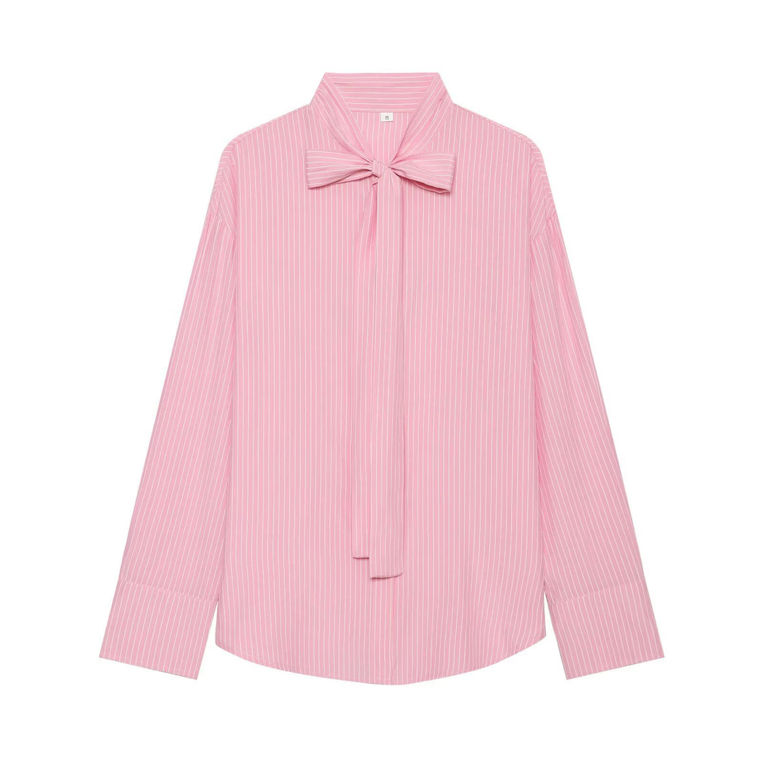 Damen Weite Bluse mit Schluppenkragen und Nadelstreifen Drune