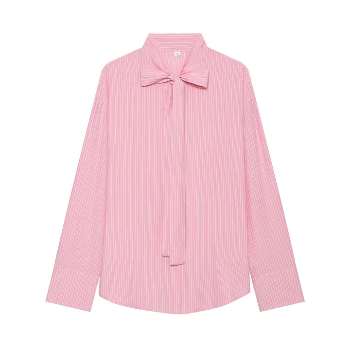 Damen Weite Bluse mit Schluppenkragen und Nadelstreifen Drune