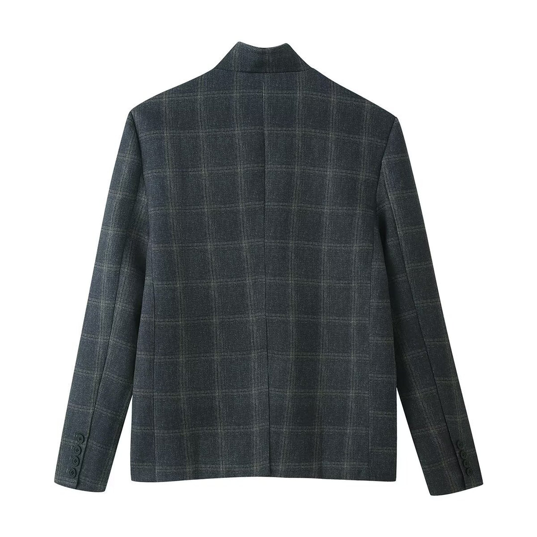 Damen Kastenblazer mit Stehkragen, asymmetrischer Ein-Knopf-Leiste und feinem Karodessin Drune
