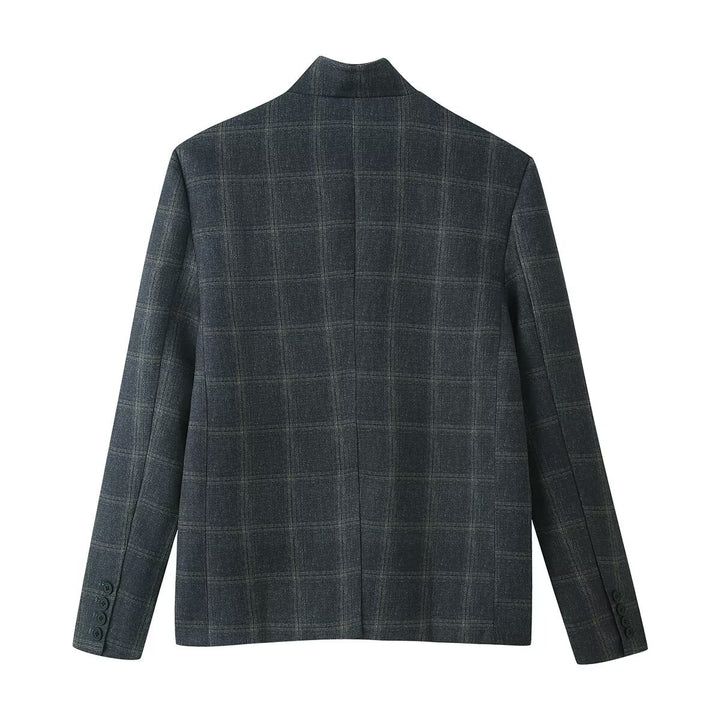 Damen Kastenblazer mit Stehkragen, asymmetrischer Ein-Knopf-Leiste und feinem Karodessin Drune