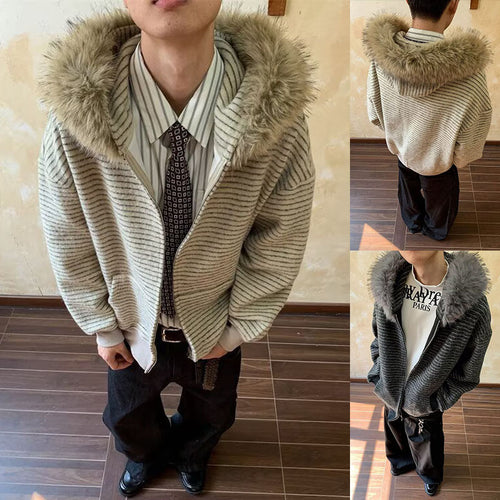 Herren Modische Kapuzenjacke mit Kunstfellkragen Drune