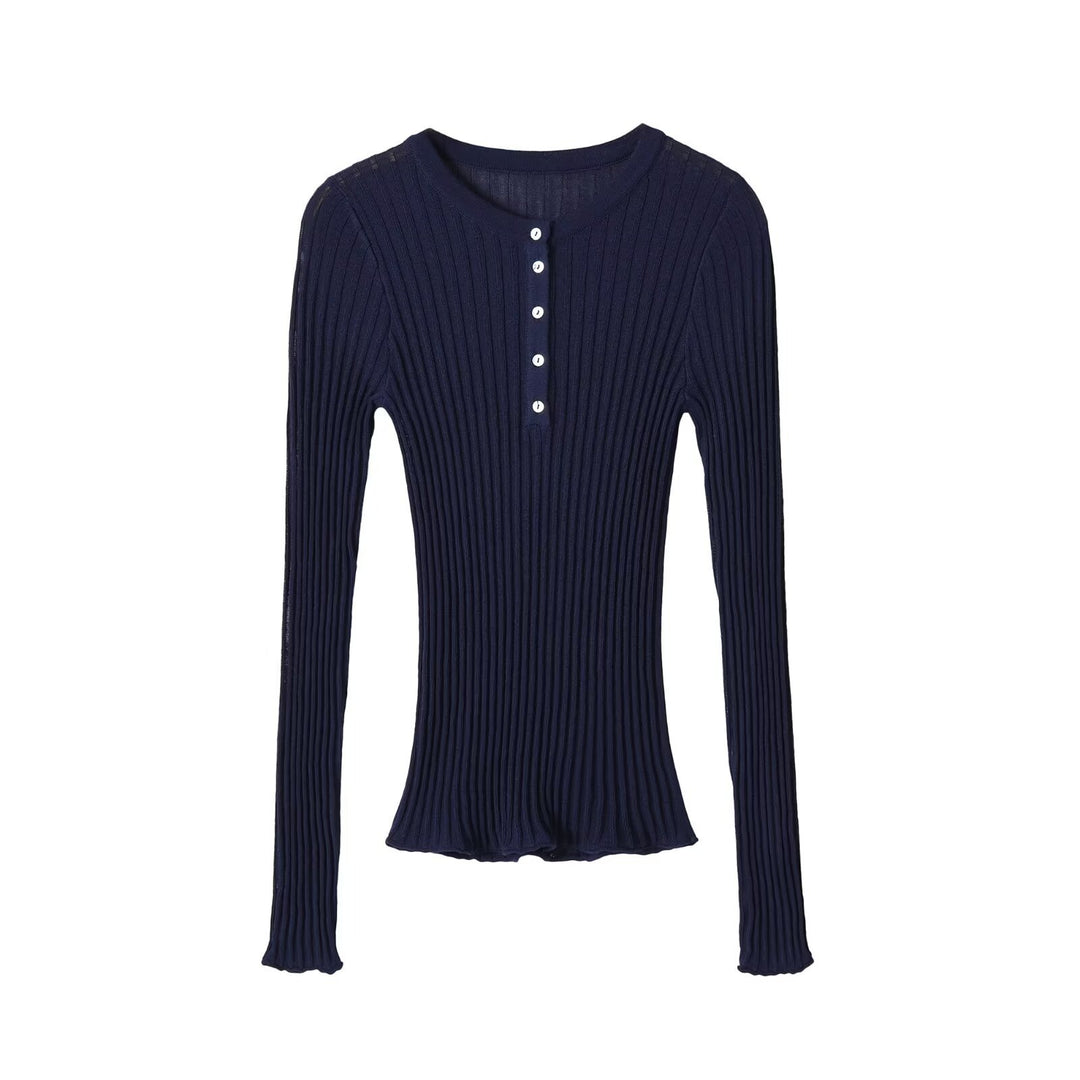 Damen Feinstrick-Longsleeve mit Rippstruktur und Knopfleiste Drune