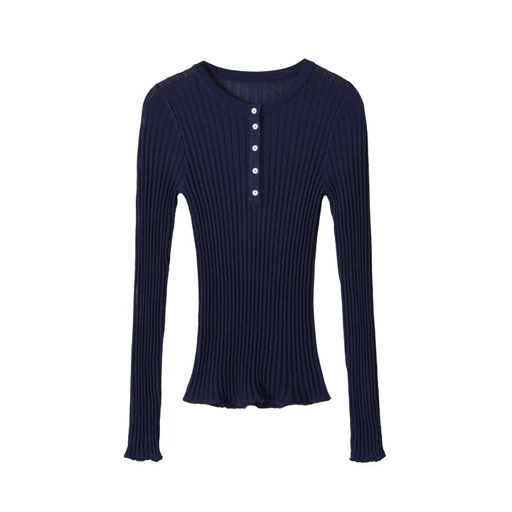 Damen Feinstrick-Longsleeve mit Rippstruktur und Knopfleiste Drune