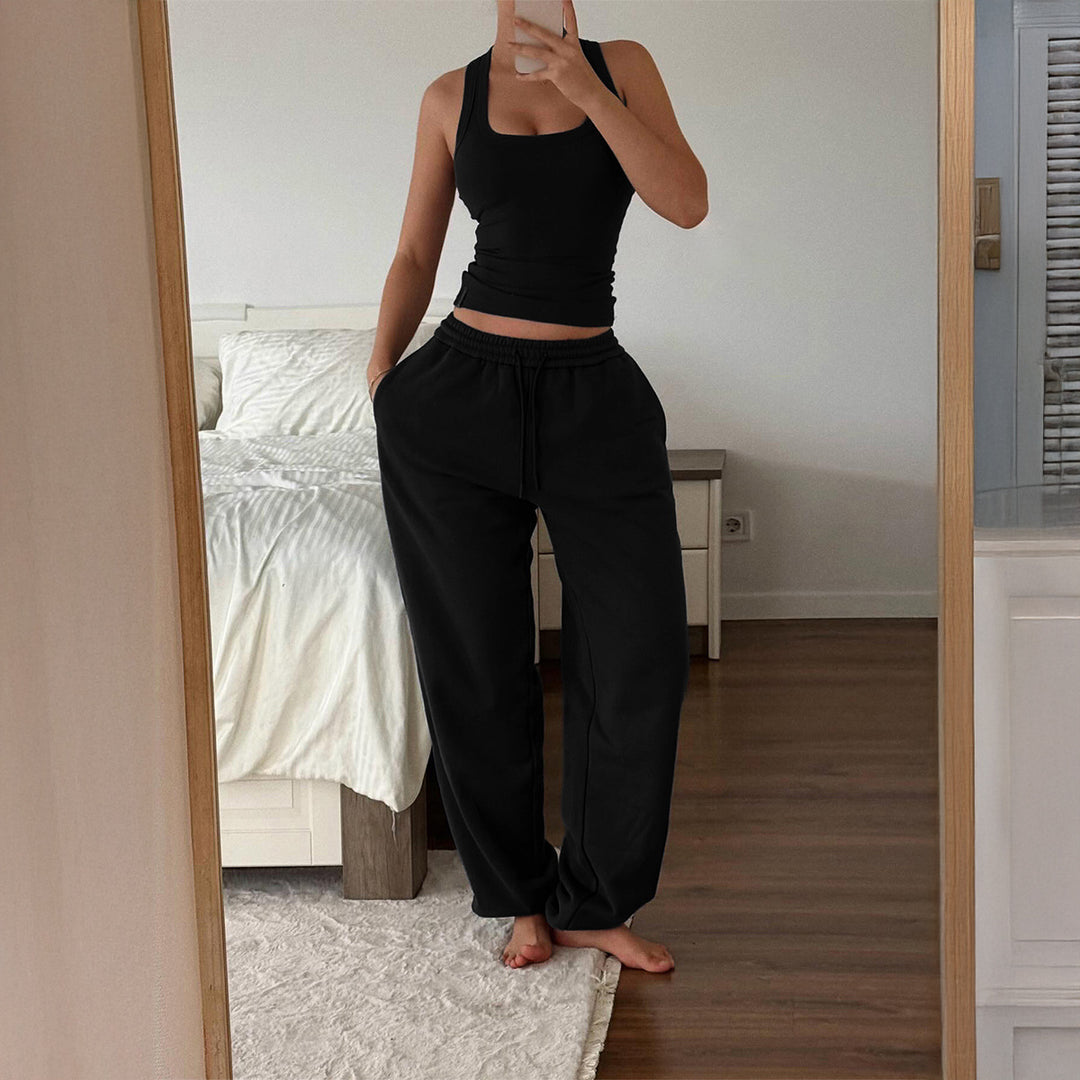 Damen nan weite High‑Waist Loungehose mit Kordelzug elastischem Komfortbund und Eingrifftaschen Drune