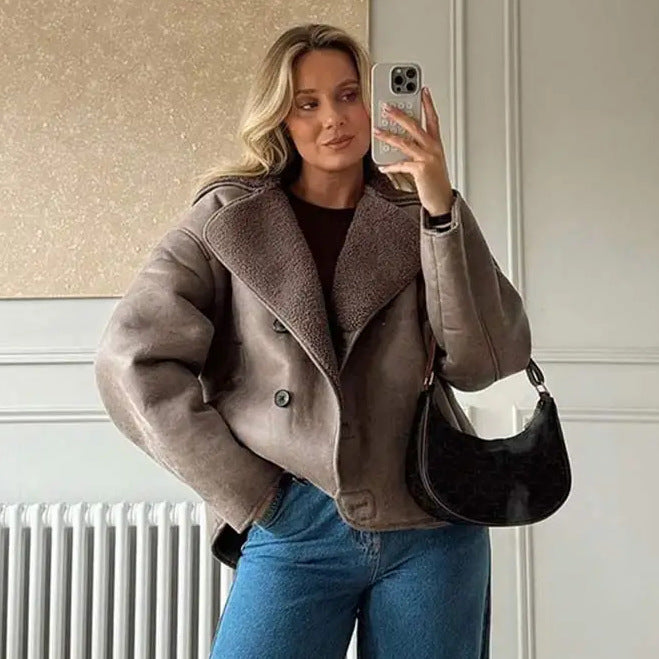 Damen modische Kunstfelljacke mit oversized Schnitt und breitem Kragen Drune