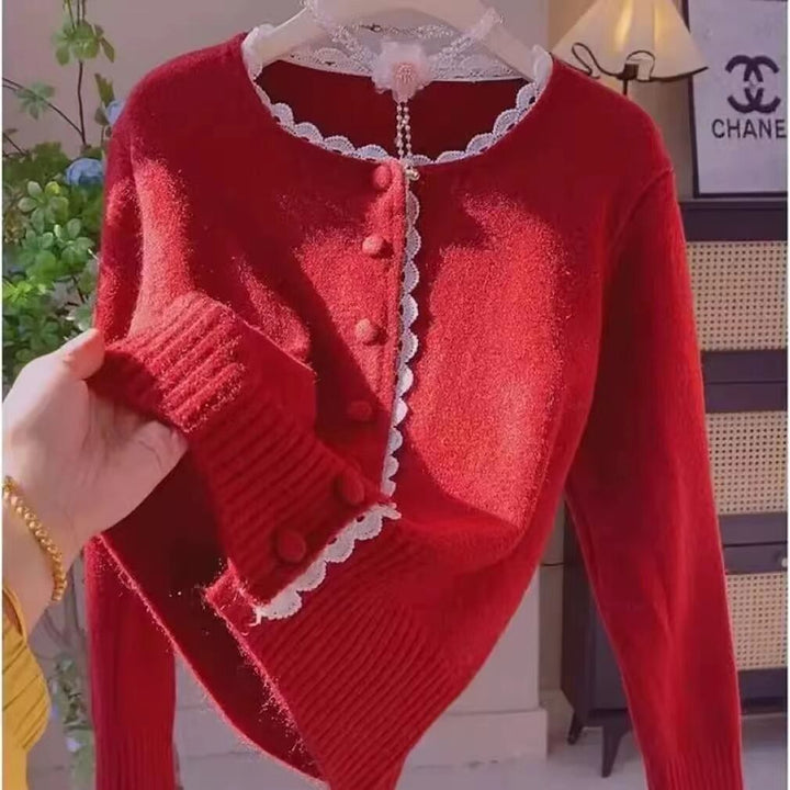 Damen Verspielte Strickjacke mit Spitzenelementen Drune