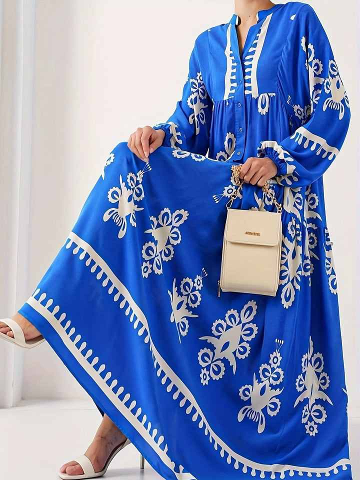 Damen langes Kaftankleid mit floralen Akzenten und Knopfleiste Drune