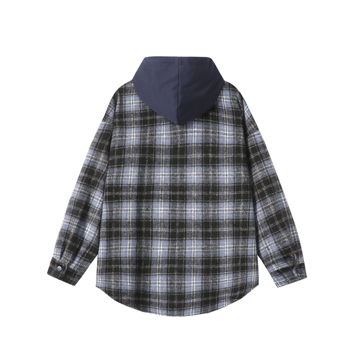 Unisex Oversized Karo-Hemdjacke mit Kapuze, Druckknöpfen und Brusttasche Drune