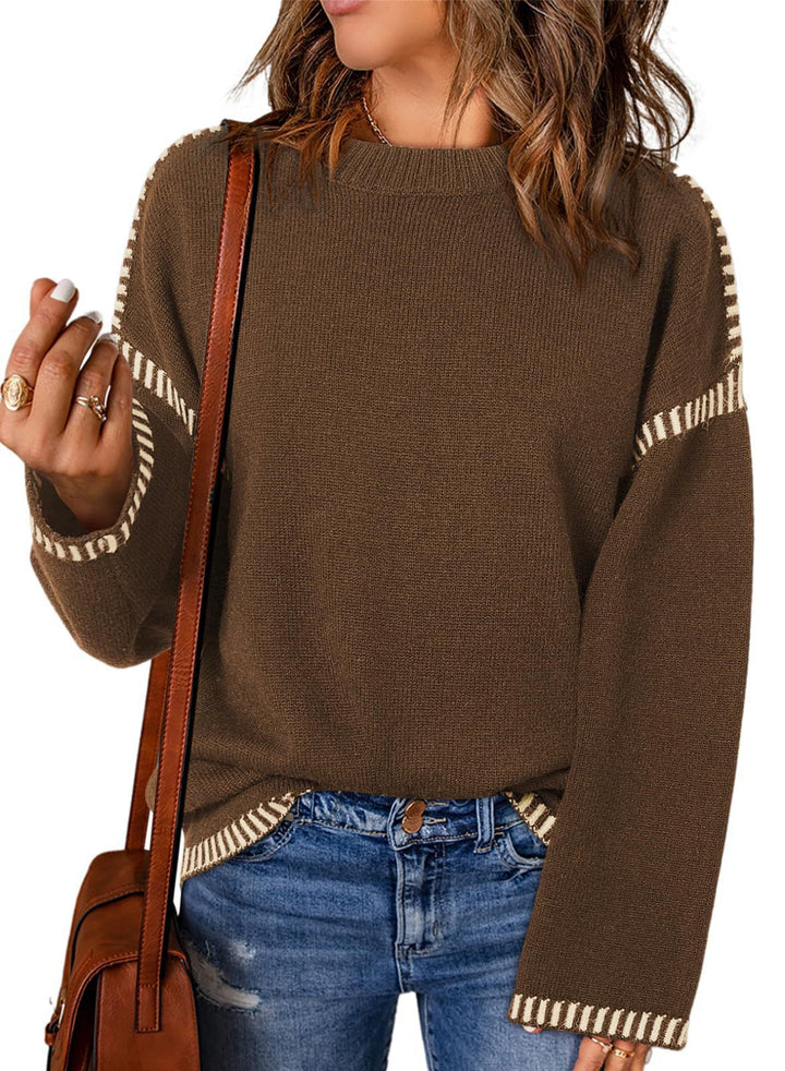 Damen Grobstrickpullover mit modischem Kontrastsaum und weiten Ärmeln Drune