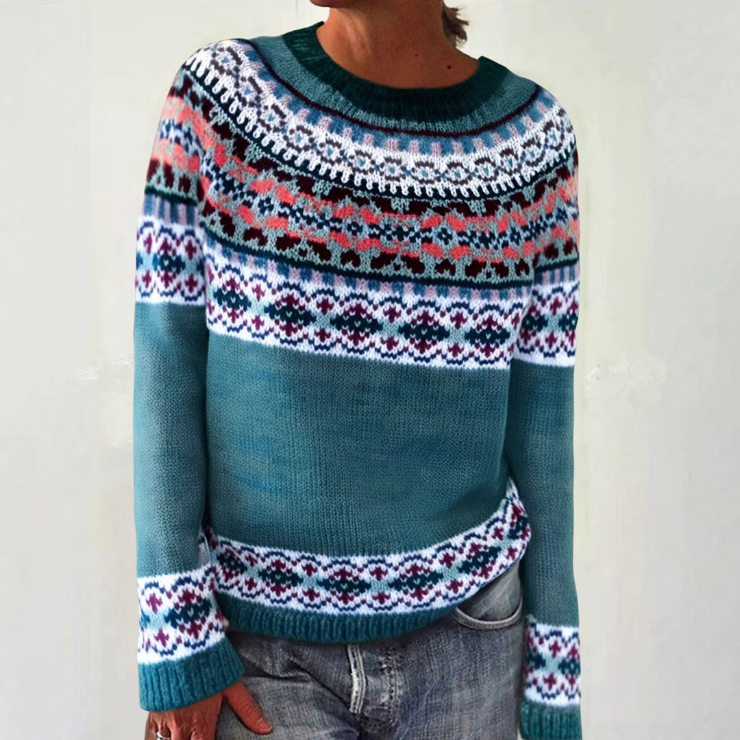 Damen nan melierter Rundhalsausschnittpullover mit kreisförmigem Jacquard-Yoke und geripptem Saum Drune