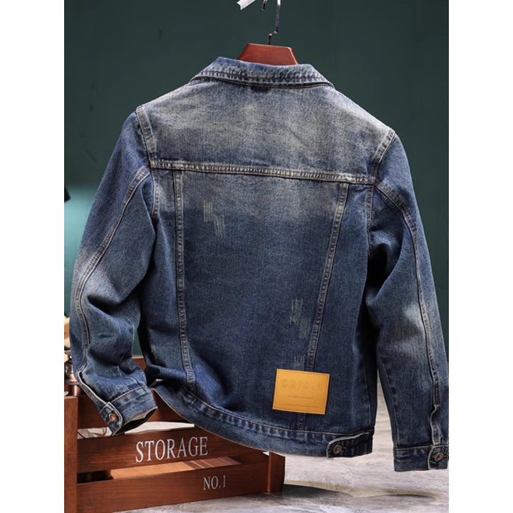 Herren Vintage-gewaschene Denimjacke mit Markenpatches, Brustklappen und geradem Schnitt Drune