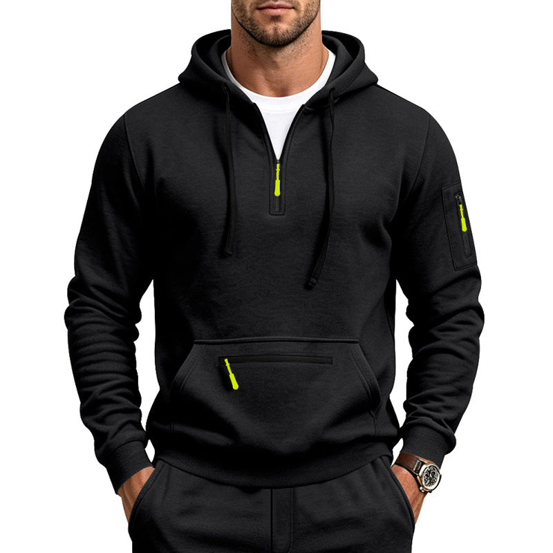 Herren Kapuzen-Sweatshirt mit Half-Zip, Kängurutasche und Reißverschlusstaschen Drune