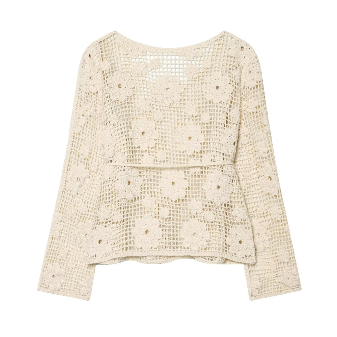 Damen gehäkelter Oversize-Pullover mit Blumen-Openwork und Rundhalsausschnitt Drune