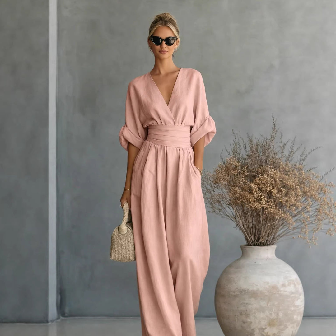 Damen Weit geschnittener Jumpsuit mit eleganten Drapierungen und V-Ausschnitt Drune