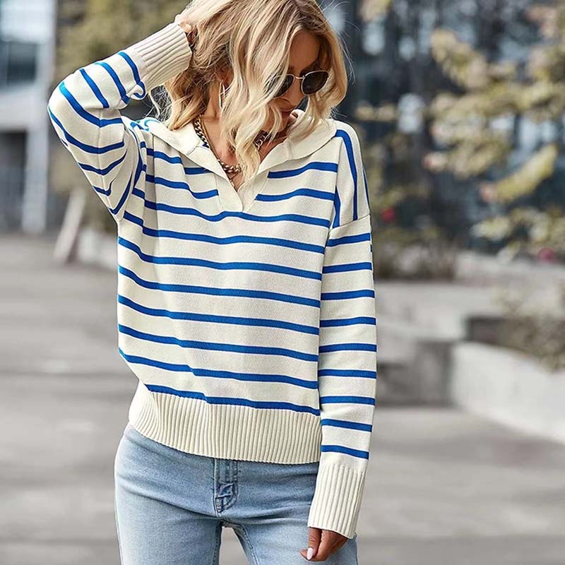Drune | Pullover - Damen Winter Kragen Gestreifter Strickpullover