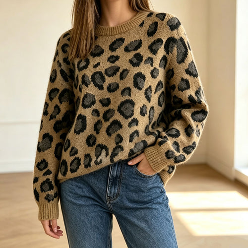 Damen Kuscheliger Rundhalspullover im Leo-Jacquard mit entspanntem Oversize-Schnitt Drune