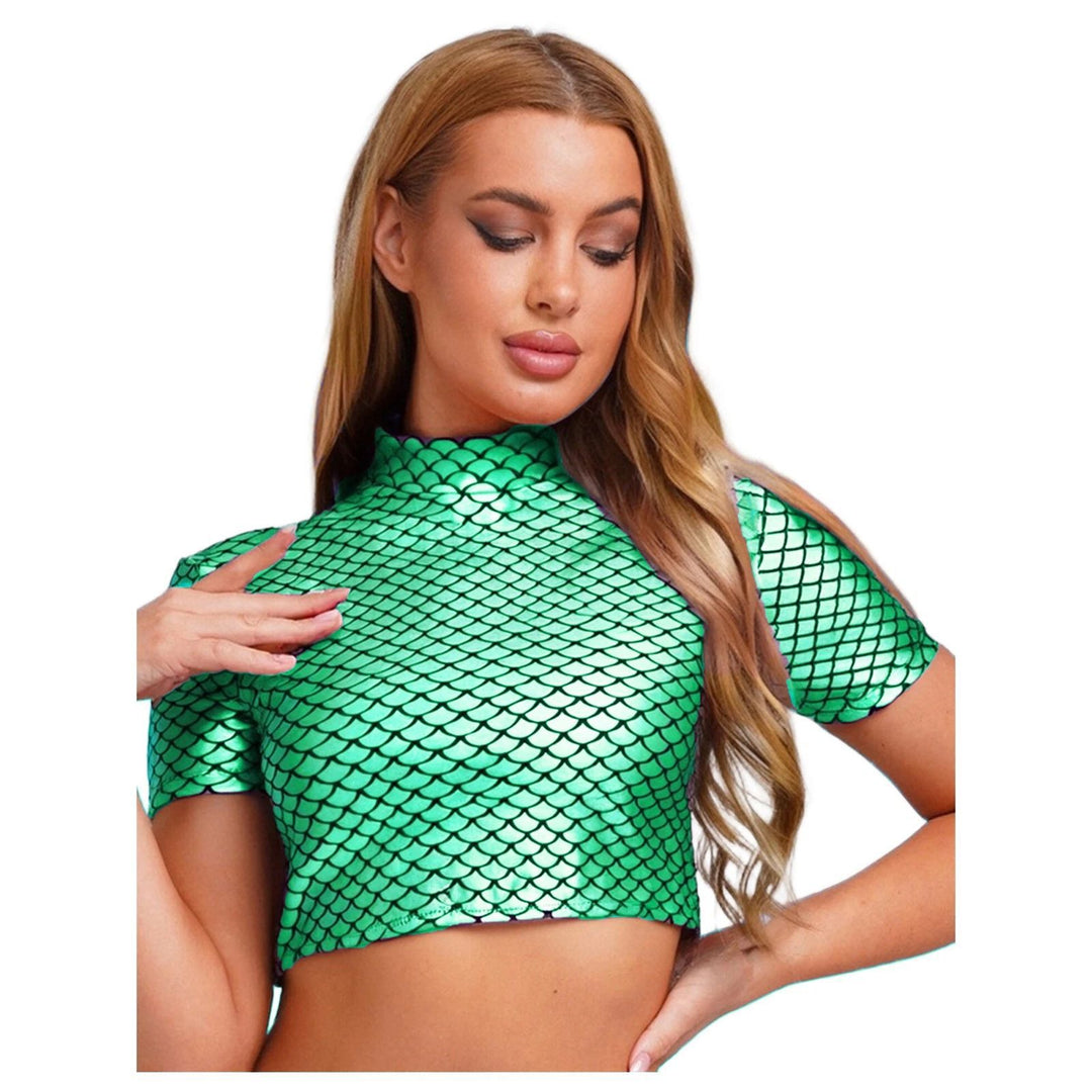 Damen Glitzerndes Cropped Shirt mit schimmerndem Fischschuppen-Muster Drune