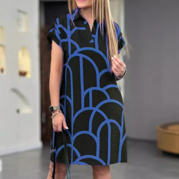 Damen nan geometrisches Shiftkleid mit Polokragen und umgeschlagenen Kurzärmeln Drune