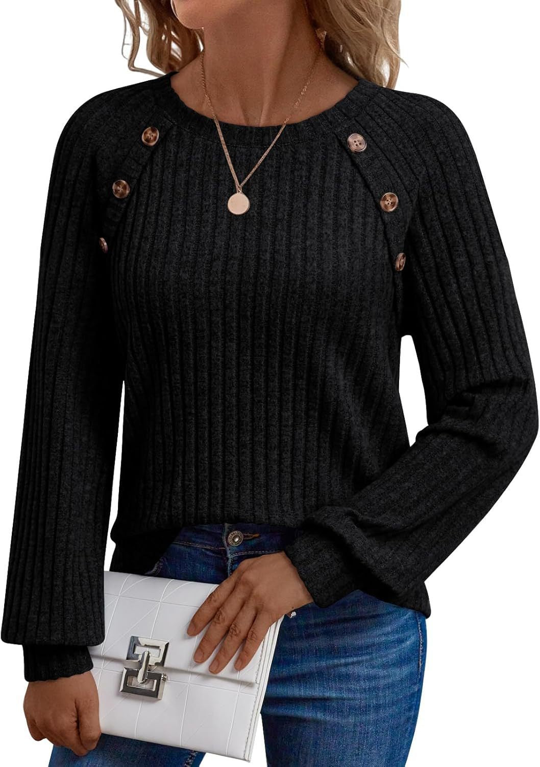 Damen Gerippter Strickpullover mit Zierknopfleiste an Raglanärmeln Drune