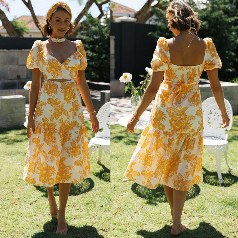 Damen Midi Kleid mit Wasserfall-Ausschnitt und floralen Details Drune