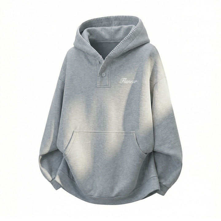 Unisex Oversize Kapuzenpullover mit Kängurutasche, halber Knopfleiste und Ziernaht Drune