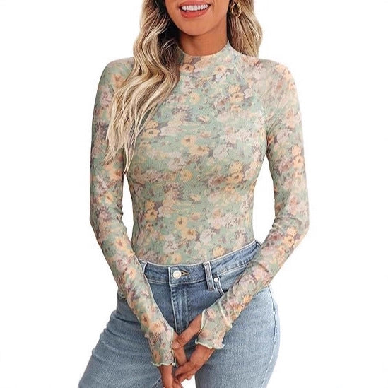 Damen Transparentes Mesh-Longsleeve mit Blumenprint und Stehkragen Drune