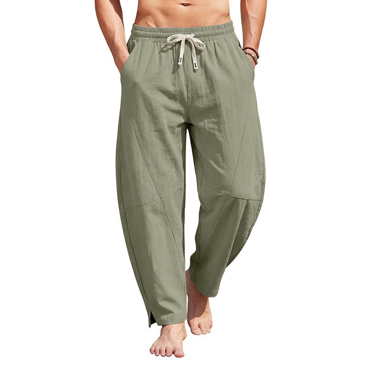 Herren knöchellange Freizeithose aus Leinenmix mit elastischem Kordelbund und seitlichen Schlitzen Drune
