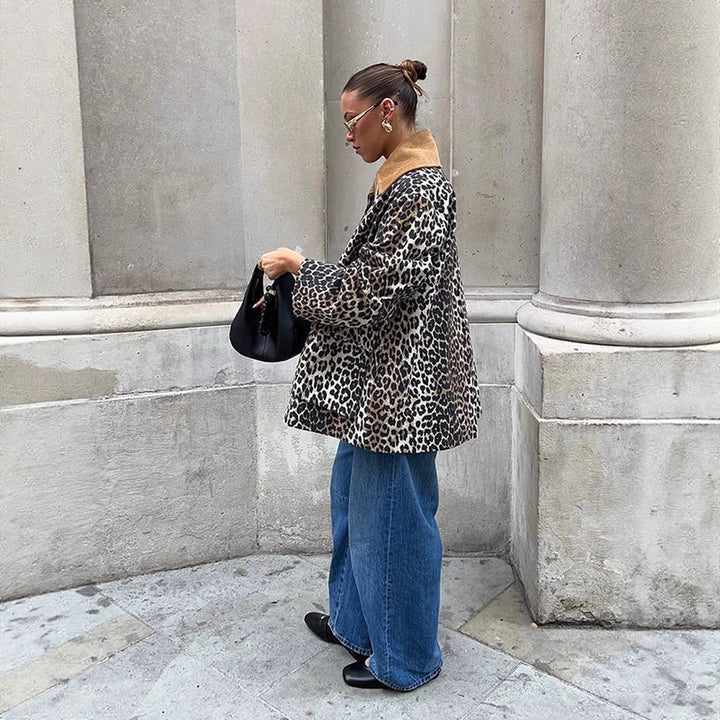 Damen Oversize-Fieldjacke mit Leoprint und kontrastierendem Cordkragen Drune