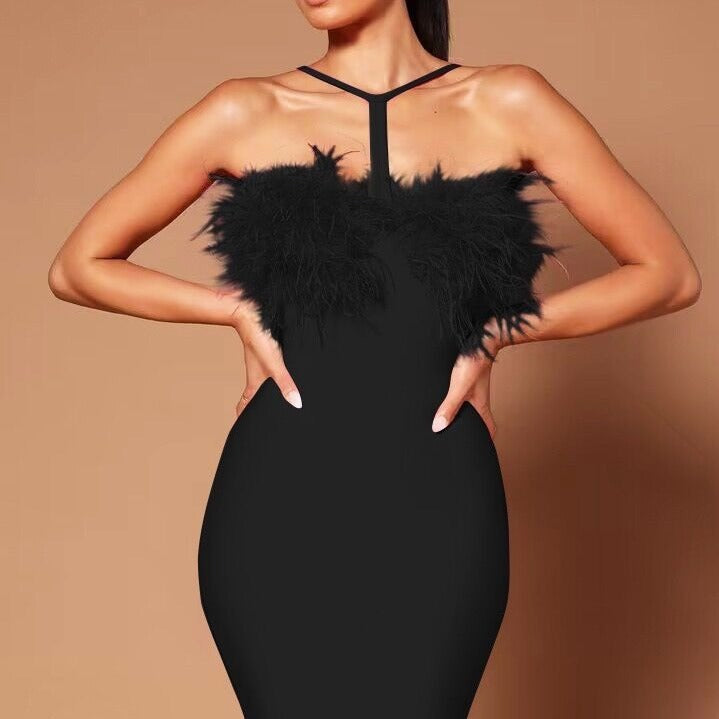 Damen Figurbetontes Kleid mit fedrigen Details Drune