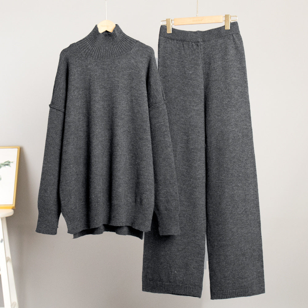 Damen Lässiger Strickanzug mit hohem Kragen und weitem Bein Drune