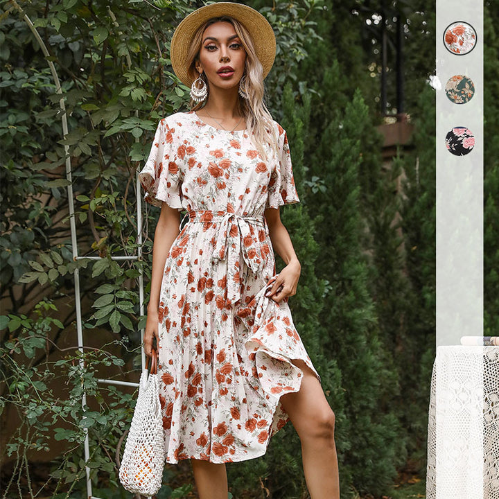 Damen Florales Midikleid mit Bindegürtel, Flatterärmeln und A-Linien-Schnitt Drune