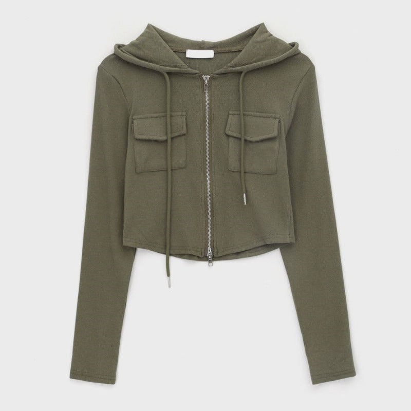Damen cropped Freizeitjacke mit Reißverschluss und Kapuze Drune