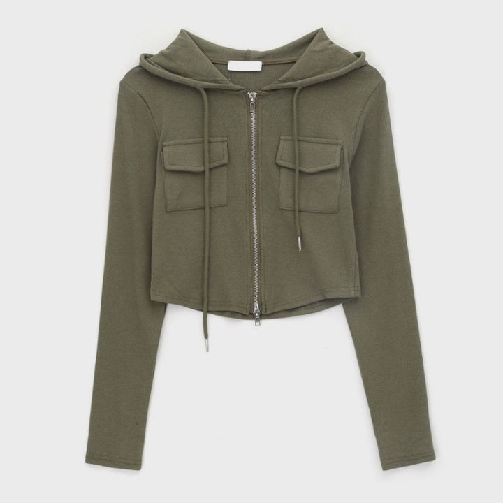 Damen cropped Freizeitjacke mit Reißverschluss und Kapuze Drune