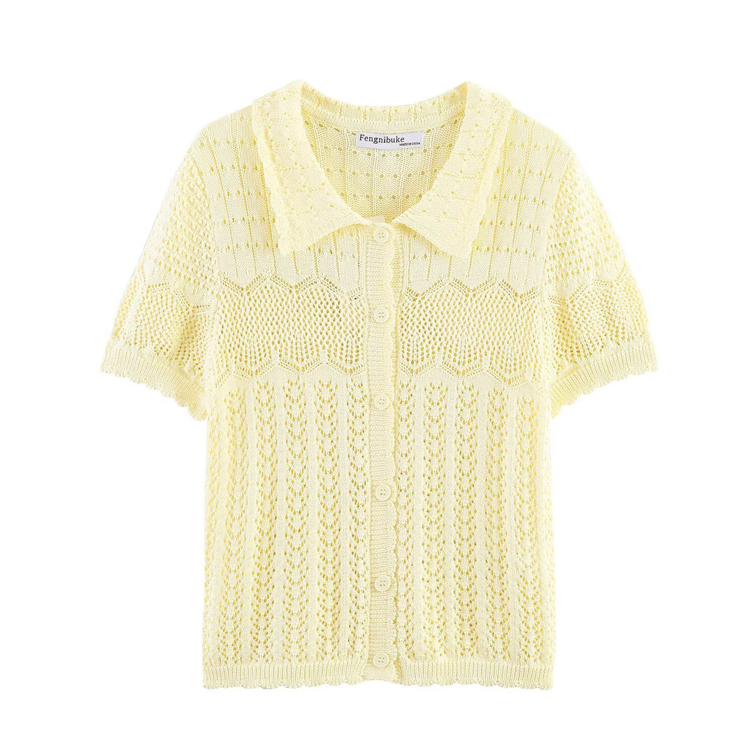 Damen Kurzarm Strickjacke mit feinem Lochmuster und klassischem Kragen Drune