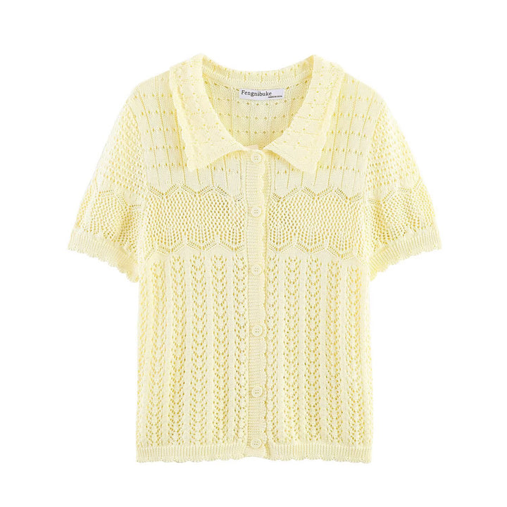 Damen Kurzarm Strickjacke mit feinem Lochmuster und klassischem Kragen Drune