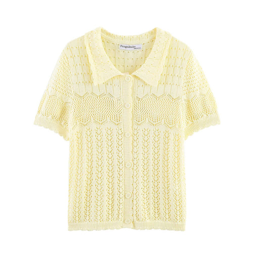 Damen Kurzarm Strickjacke mit feinem Lochmuster und klassischem Kragen Drune