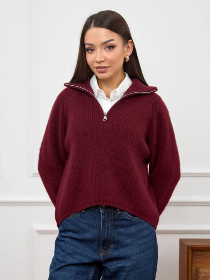 Damen Modischer Strickpullover mit Stehkragen und kurzer Reißverschluss Drune