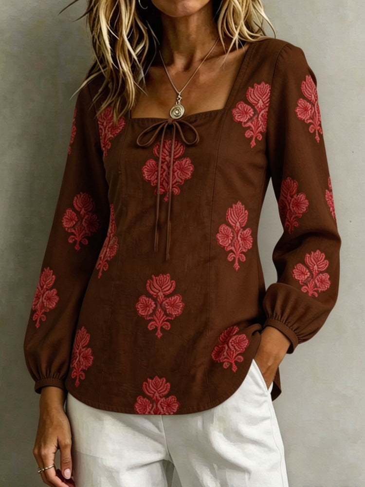 Damen Bestickte Tunika-Bluse mit quadratischem Ausschnitt und femininen Ballonärmeln Drune