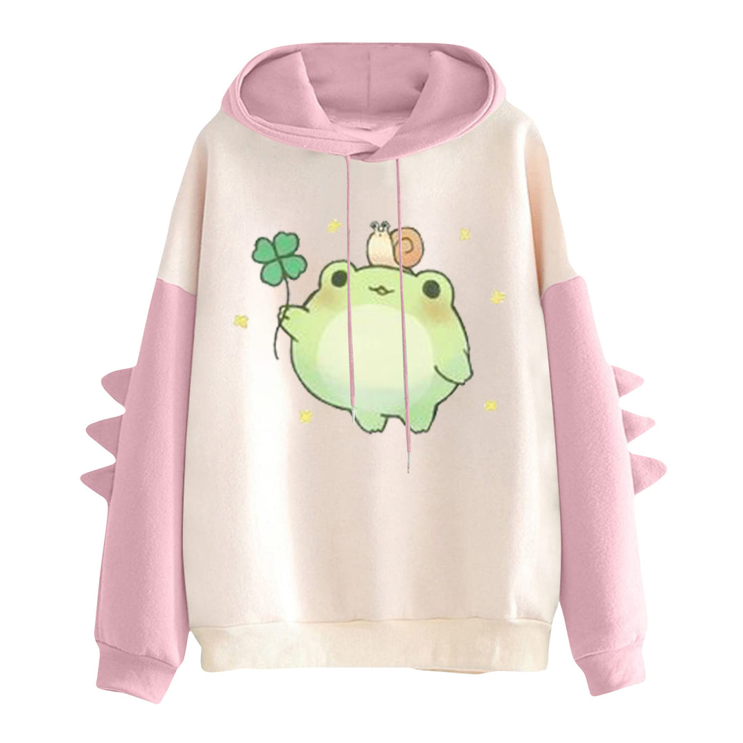 Damen nan Kapuzenpullover mit niedlichem Frosch-Motiv, Kängurutasche und volumigen Ärmelapplikationen Drune