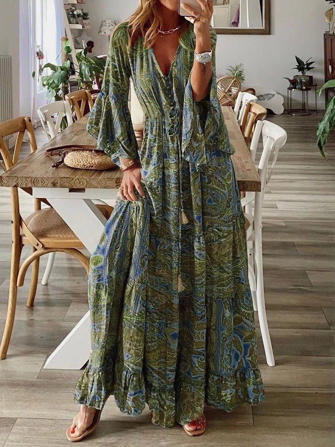 Damen Boho Maxikleid mit Paisley-Print, V-Ausschnitt, Stufenrock und Bindegürtel Drune