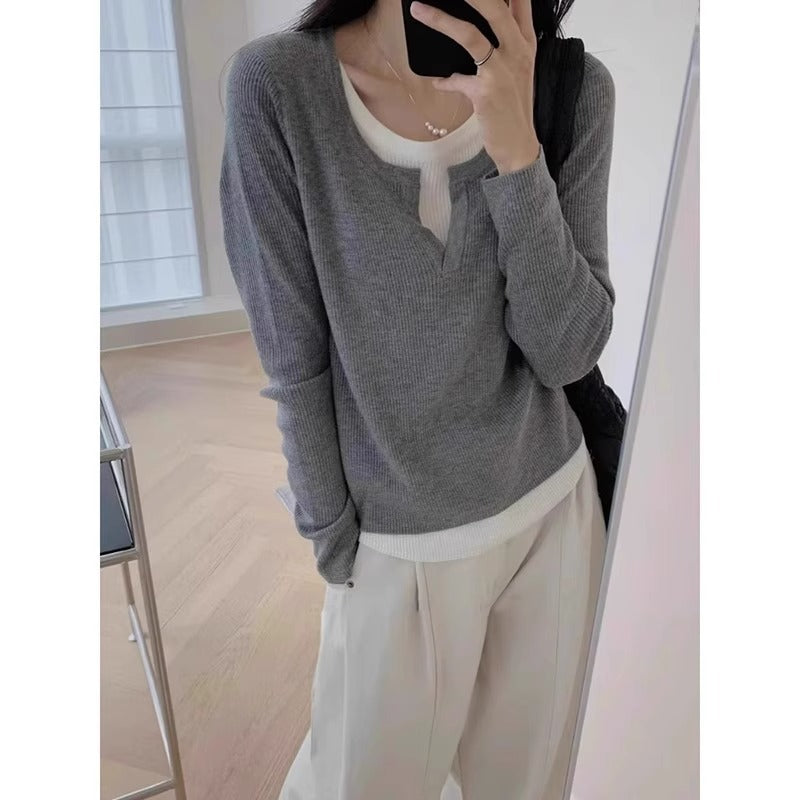 Damen eleganter und bequemer Pullover mit V-Ausschnitt und weiten Hosen Drune