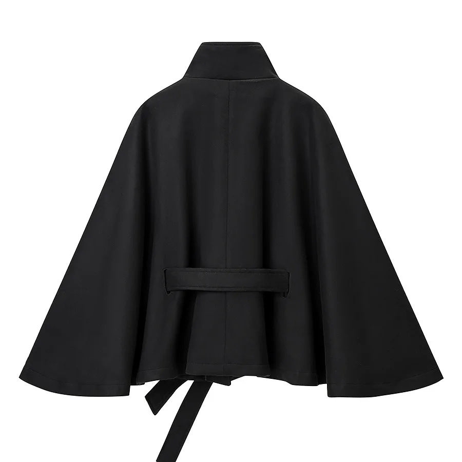 Damen nan tailliertes Cape mit Stehkragen, Knopfverschluss und Bindegürtel Drune