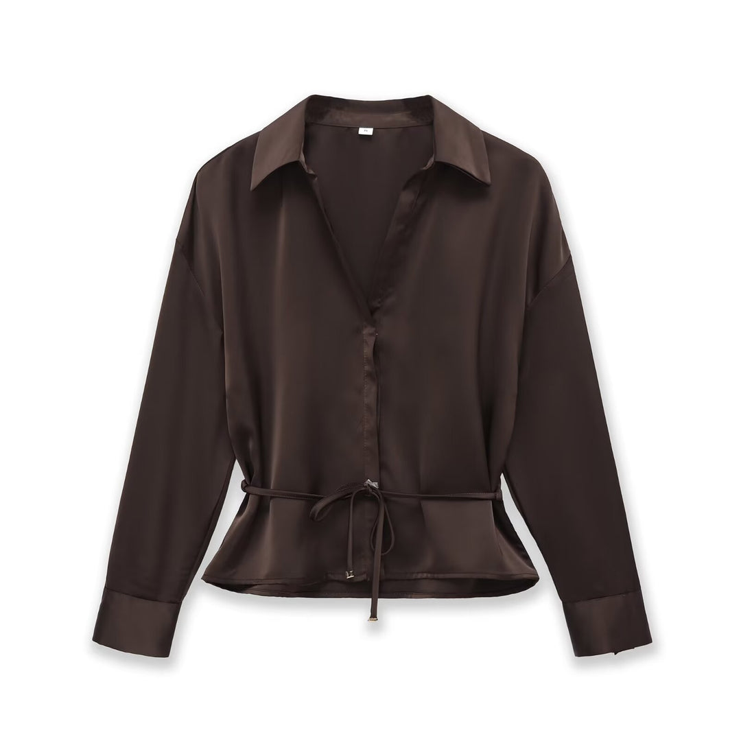 Damen Seidiges Hemdblusen-Shirt mit Bindegürtel und Schößchen Drune
