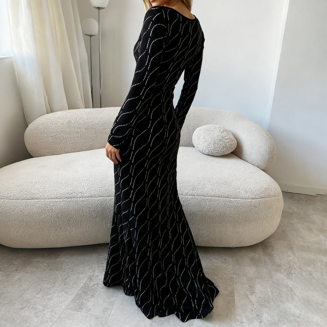 Damen Figurbetontes Maxikleid mit langen Ärmeln und wellenförmiger Paillettenverzierung Drune
