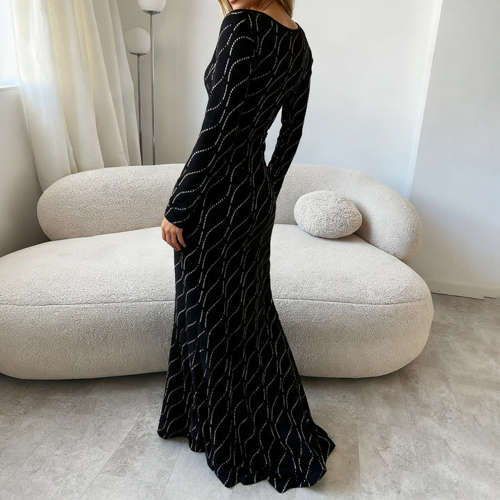 Damen Figurbetontes Maxikleid mit langen Ärmeln und wellenförmiger Paillettenverzierung Drune
