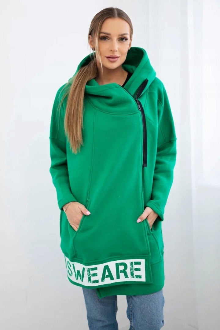 Drune | Reißverschluss Bedrucktes Logo Lockere mittellange Kapuzenfleecejacke