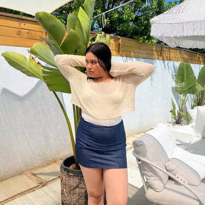 Damen luftiges Strickoberteil mit weitem Schnitt und eleganten Trompetenärmeln Drune