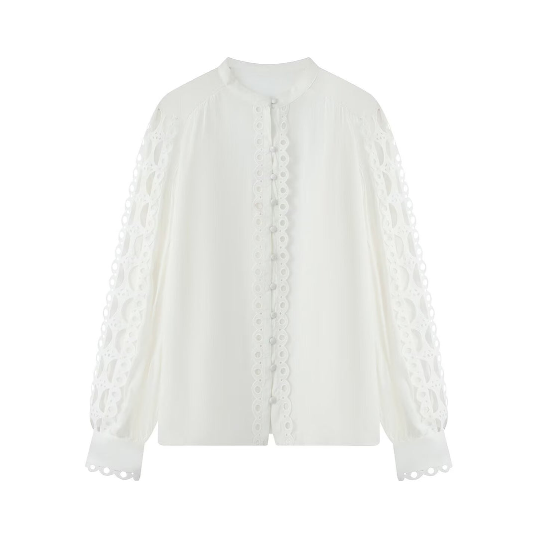 Damen Bluse mit Spitzen‑Cutouts, feiner Knopfleiste und Ballonärmeln Drune